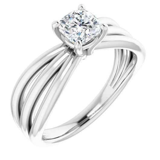 10K White Gold Customizable Cushion Cut Solitaire Design with Wide, Ribboned Split-band