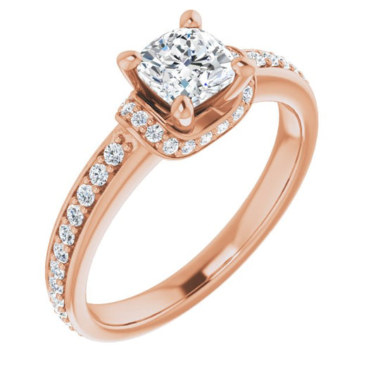 10K Rose Gold Customizable Cushion Cut Setting with Organic Under-halo & Shared Prong Band