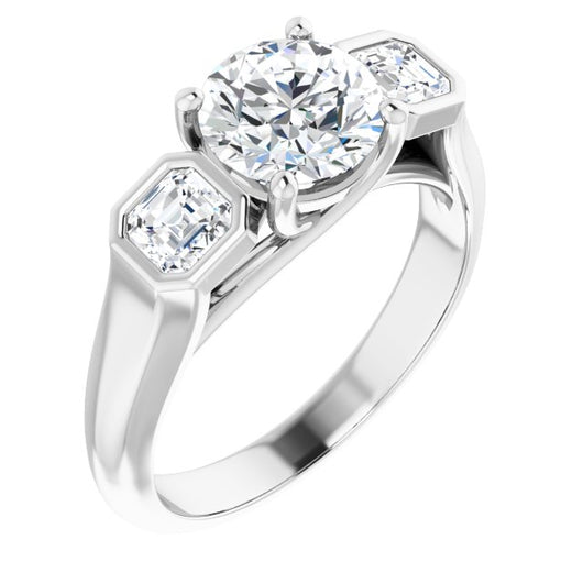 10K White Gold Customizable 3-stone Cathedral Round Cut Design with Twin Asscher Cut Side Stones