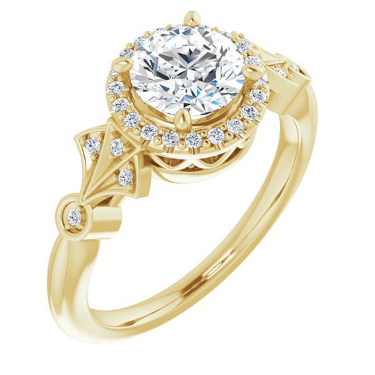 10K Yellow Gold Customizable Cathedral-Crown Round Cut Design with Halo and Scalloped Side Stones