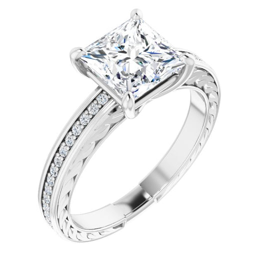 10K White Gold Customizable Princess/Square Cut Design with Rope-Filigree Hammered Inlay & Round Channel Accents