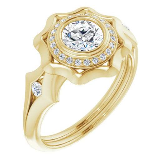 10K Yellow Gold Customizable Bezel-set Round Cut with Halo & Oversized Floral Design