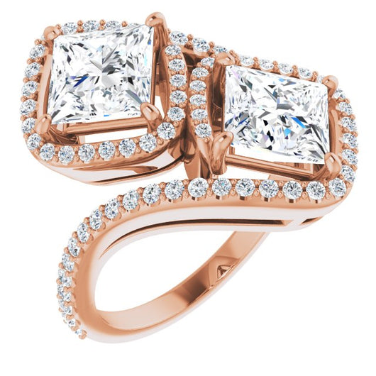 10K Rose Gold Customizable Double Princess/Square Cut 2-Stone Style Enhanced with Accented Artisan Bypass Band