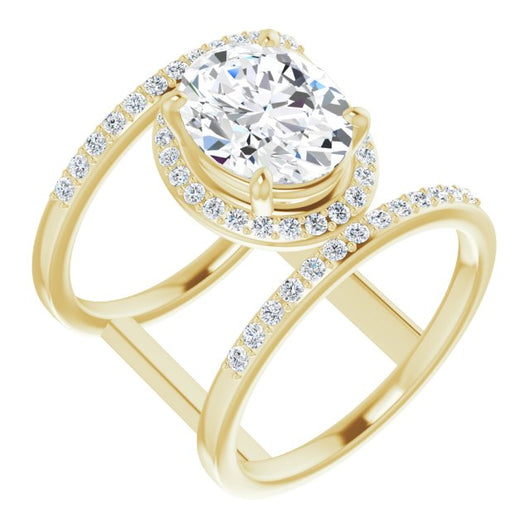 10K Yellow Gold Customizable Oval Cut Halo Design with Open, Ultrawide Harness Double Pavé Band