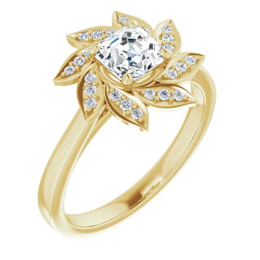 10K Yellow Gold Customizable Asscher Cut Design with Artisan Floral Halo