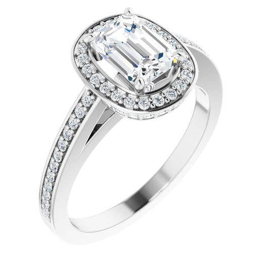 10K White Gold Customizable Cathedral-set Emerald/Radiant Cut Design with Halo, Thin Pavé Band & Round-Bezel Peekaboos