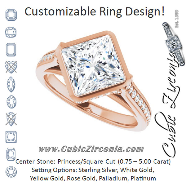 Cubic Zirconia Engagement Ring- The Jada (Customizable Cathedral-Bezel Princess/Square Cut Design with Under Halo and Shared Prong Band)