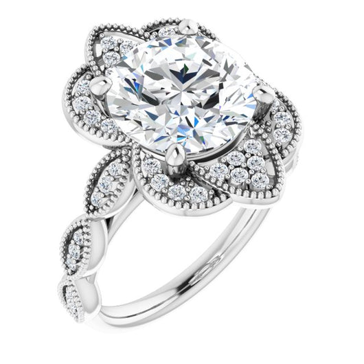 10K White Gold Customizable Cathedral-style Round Cut Design with Floral Segmented Halo & Milgrain+Accents Band