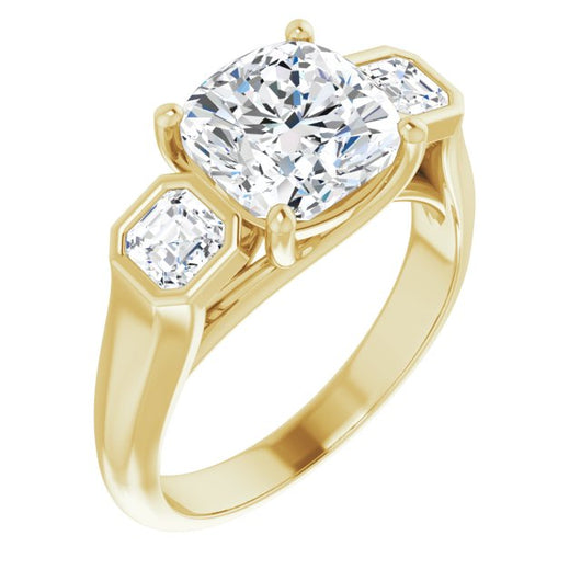 10K Yellow Gold Customizable 3-stone Cathedral Cushion Cut Design with Twin Asscher Cut Side Stones