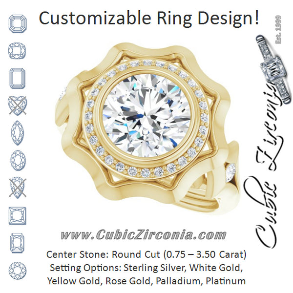 Cubic Zirconia Engagement Ring- The Jeanne (Customizable Bezel-set Round Cut with Halo & Oversized Floral Design)