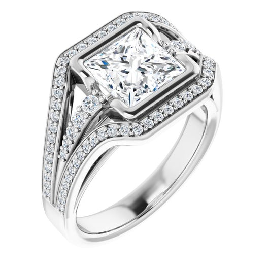 10K White Gold Customizable Cathedral-Bezel Princess/Square Cut Design with Wide Triple-Split-Pavé Band