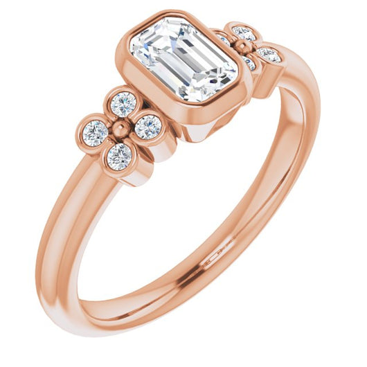 10K Rose Gold Customizable 9-stone Bezel-set Emerald/Radiant Cut Design with Quad Round Bezel Side Stones Each Side