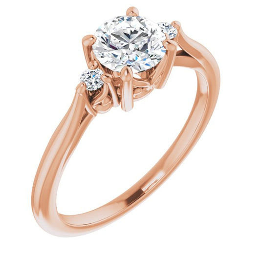 10K Rose Gold Customizable Three-stone Round Cut Design with Small Round Accents and Vintage Trellis/Basket