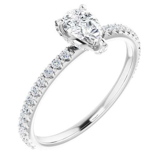 10K White Gold Customizable Pear Cut Design with Round-Accented Band, Micropav? Under-Halo and Decorative Prong Accents)