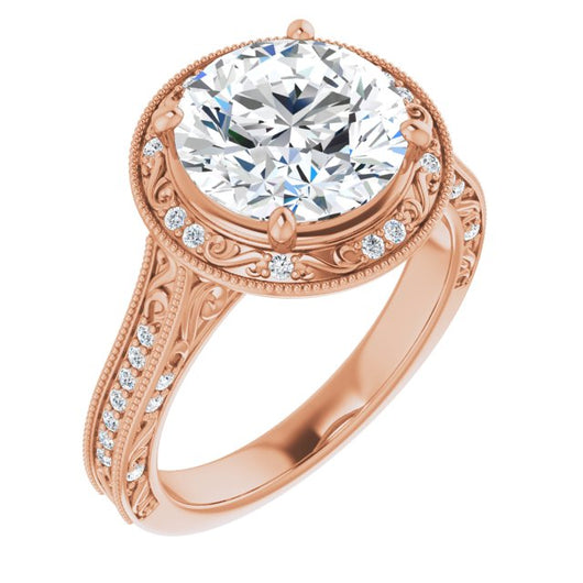 10K Rose Gold Customizable Vintage Artisan Round Cut Design with 3-Sided Filigree and Side Inlay Accent Enhancements