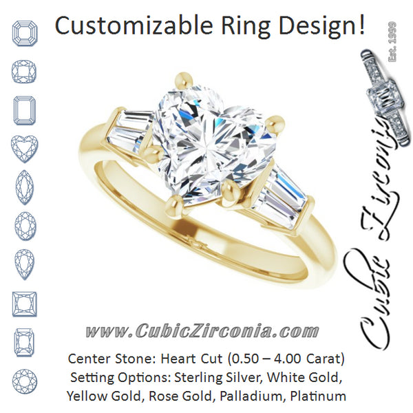 Cubic Zirconia Engagement Ring- The Chloe (Customizable 5-stone Heart Cut Style with Quad Tapered Baguettes)