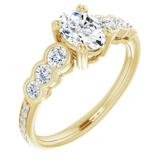 10K Yellow Gold Customizable Oval Cut 7-stone Style Enhanced with Bezel Accents and Shared Prong Band