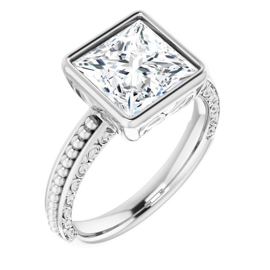 10K White Gold Customizable Bezel-set Princess/Square Cut Solitaire with Beaded and Carved Three-sided Band