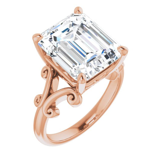 10K Rose Gold Customizable Emerald/Radiant Cut Solitaire with Band Flourish and Decorative Trellis