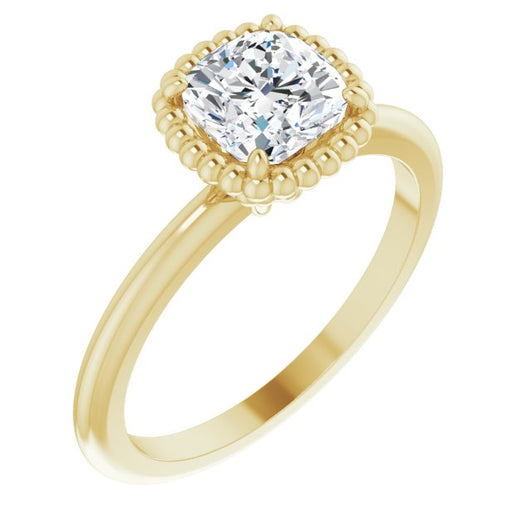 10K Yellow Gold Customizable Cushion Cut Solitaire with Beaded Metallic Milgrain