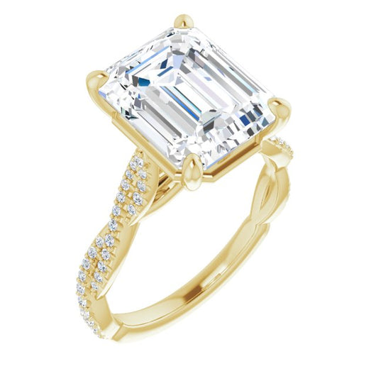 10K Yellow Gold Customizable Emerald/Radiant Cut Style with Thin and Twisted Micropavé Band