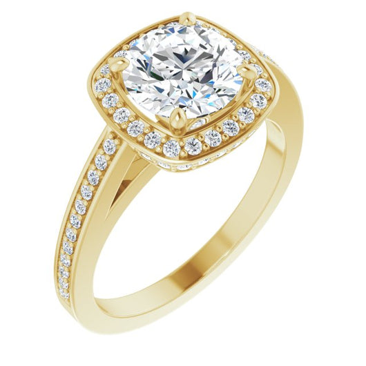 10K Yellow Gold Customizable Cathedral-set Round Cut Design with Halo, Thin Pavé Band & Round-Bezel Peekaboos