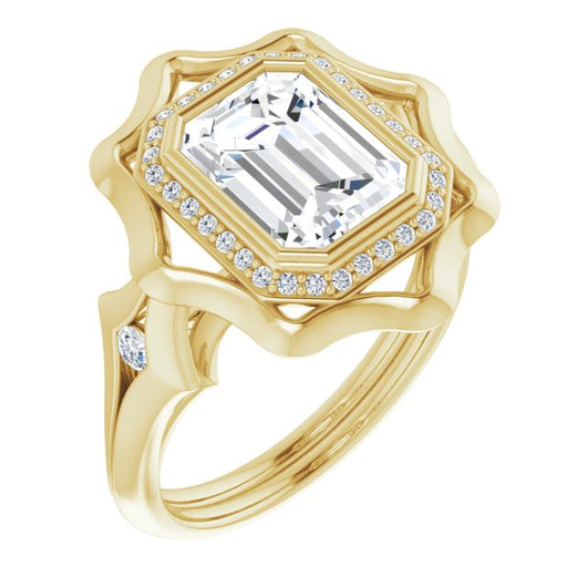 10K Yellow Gold Customizable Bezel-set Emerald/Radiant Cut with Halo & Oversized Floral Design