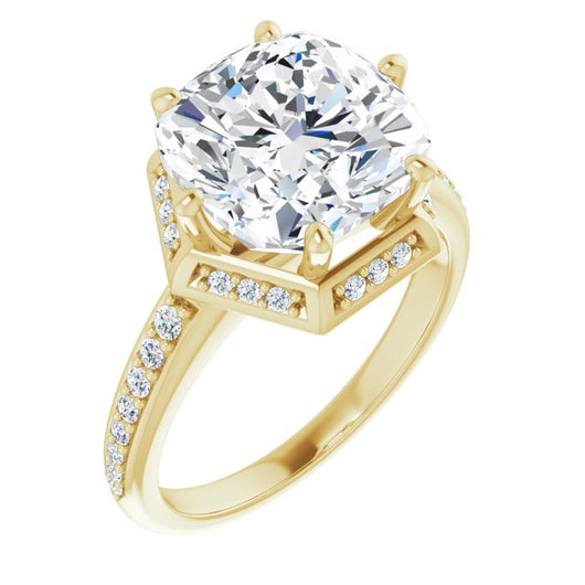 10K Yellow Gold Customizable Cushion Cut Design with Geometric Under-Halo and Shared Prong Band