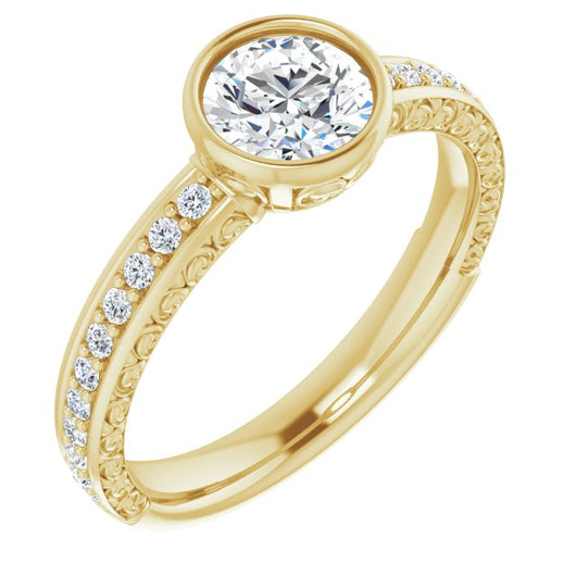 10K Yellow Gold Customizable Bezel-set Round Cut Design with Cloud-pattern Band & Semi-Eternity Accents