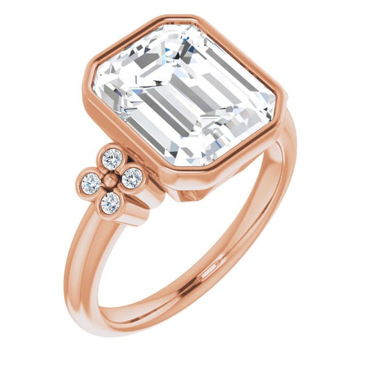 10K Rose Gold Customizable 9-stone Bezel-set Emerald/Radiant Cut Design with Quad Round Bezel Side Stones Each Side