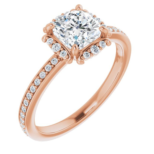 10K Rose Gold Customizable Cushion Cut Style with Halo and Thin Shared Prong Band