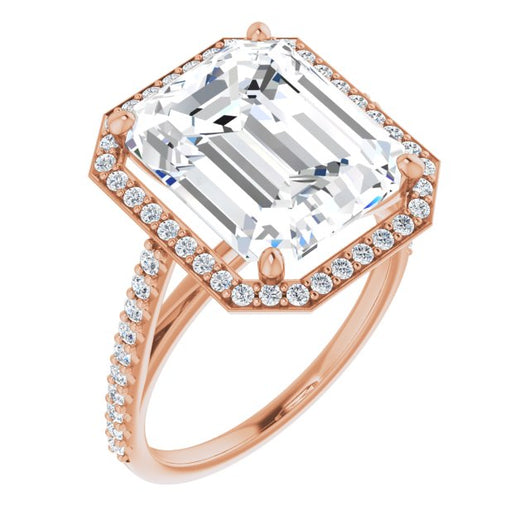 10K Rose Gold Customizable Emerald/Radiant Cut Design with Halo and Thin Pavé Band