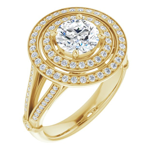 18K Yellow Gold Customizable Cathedral-set Round Cut Design with Double Halo, Wide Split-Shared Prong Band and Side Knuckle Accents