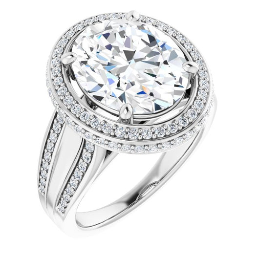 10K White Gold Customizable Halo-style Oval Cut with Under-halo & Ultra-wide Band