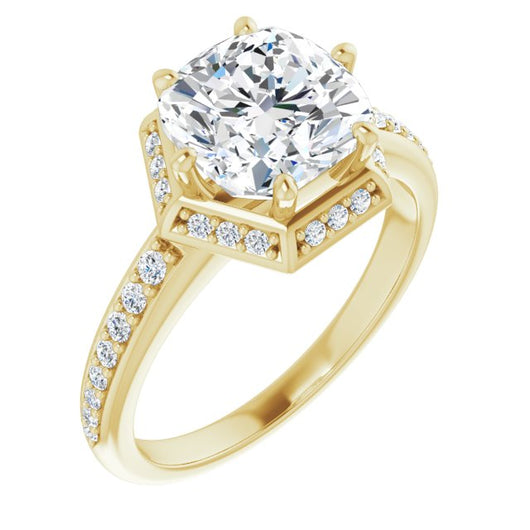 10K Yellow Gold Customizable Cushion Cut Design with Geometric Under-Halo and Shared Prong Band