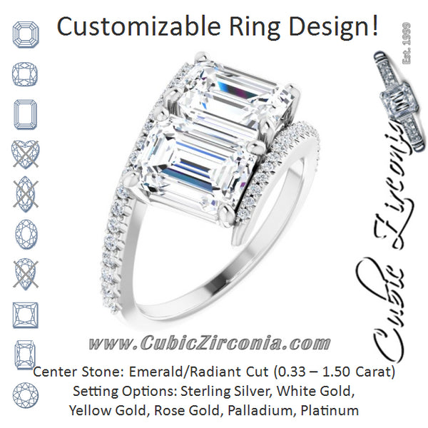 Cubic Zirconia Engagement Ring- The Nellie (Customizable Double Emerald Cut 2-stone Design with Ultra-thin Bypass Band and Pavé Enhancement)