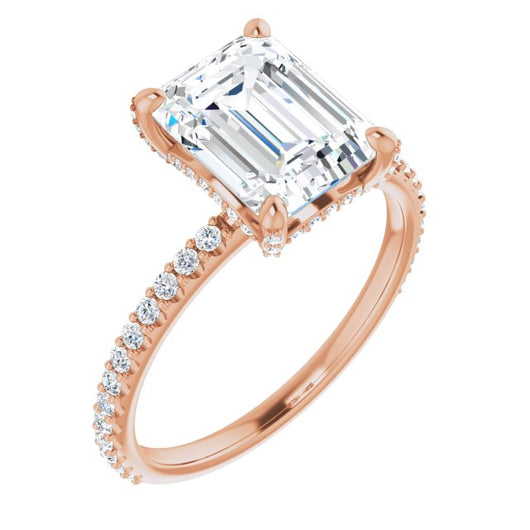 10K Rose Gold Customizable Emerald/Radiant Cut Design with Round-Accented Band, Micropav? Under-Halo and Decorative Prong Accents)