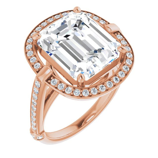 10K Rose Gold Customizable High-Cathedral Emerald/Radiant Cut Design with Halo and Shared Prong Band