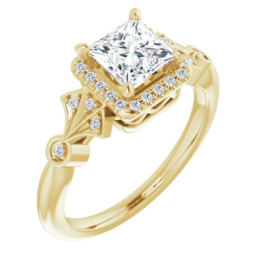 10K Yellow Gold Customizable Cathedral-Crown Princess/Square Cut Design with Halo and Scalloped Side Stones