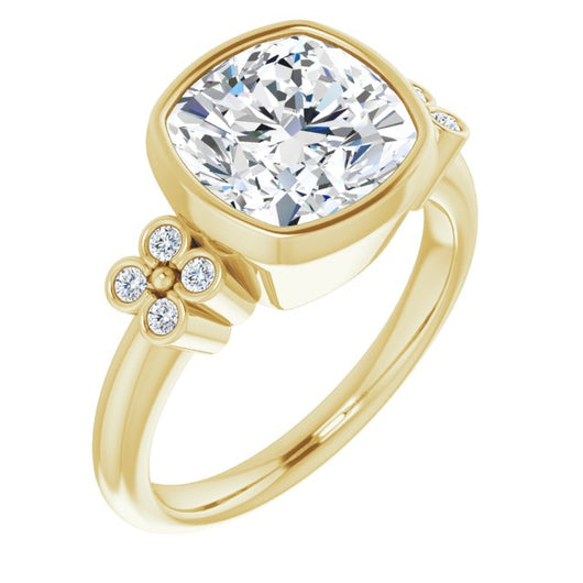 10K Yellow Gold Customizable 9-stone Bezel-set Cushion Cut Design with Quad Round Bezel Side Stones Each Side