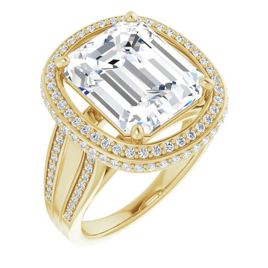 10K Yellow Gold Customizable Halo-style Emerald/Radiant Cut with Under-halo & Ultra-wide Band