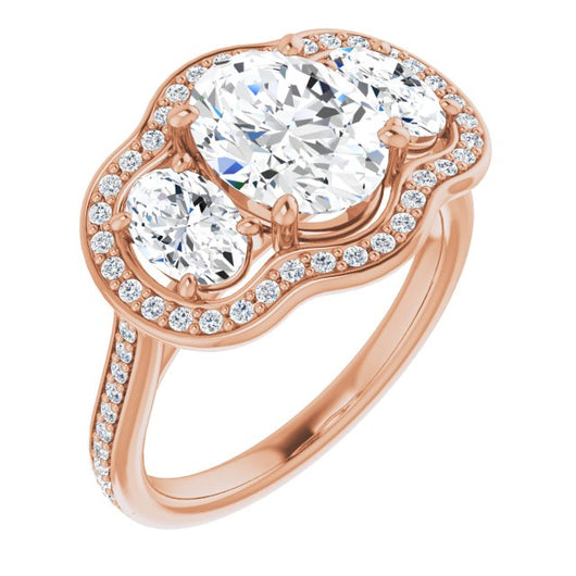 10K Rose Gold Customizable Oval Cut Style with Oval Cut Accents, 3-stone Halo & Thin Shared Prong Band