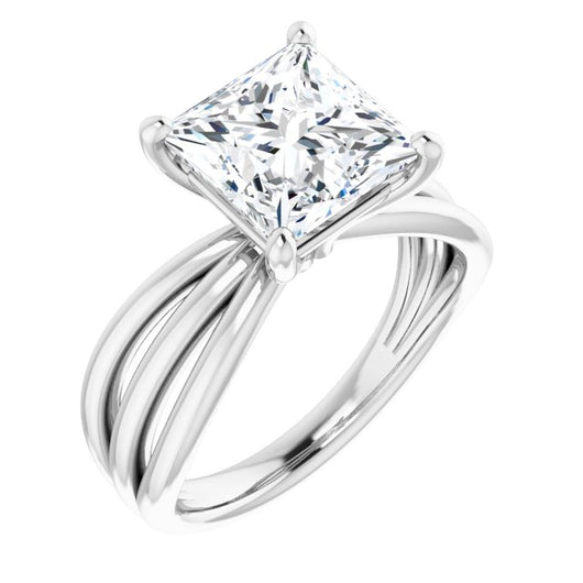 10K White Gold Customizable Princess/Square Cut Solitaire Design with Wide, Ribboned Split-band