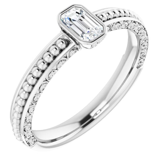 10K White Gold Customizable Bezel-set Emerald/Radiant Cut Solitaire with Beaded and Carved Three-sided Band