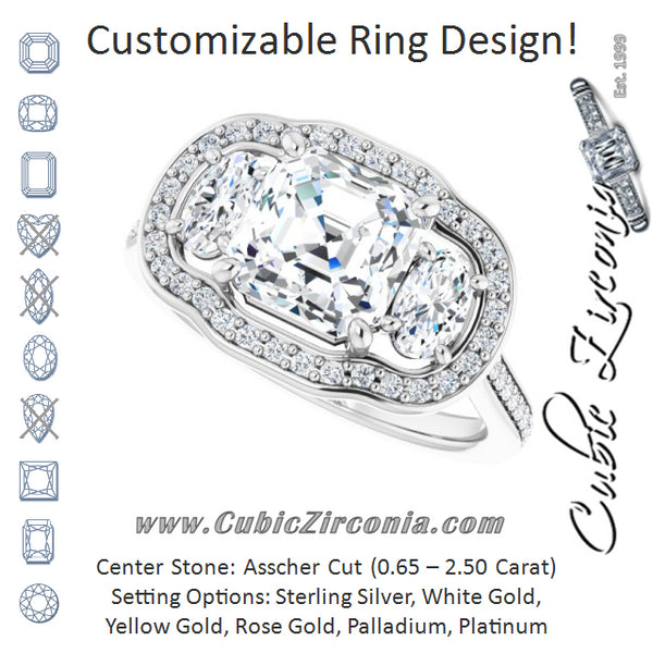 Cubic Zirconia Engagement Ring- The Dulce (Customizable Asscher Cut Style with Oval Cut Accents, 3-stone Halo & Thin Shared Prong Band)