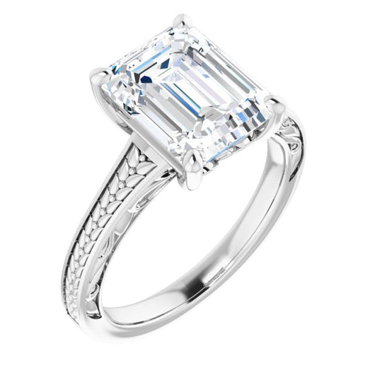 10K White Gold Customizable Emerald/Radiant Cut Solitaire with Organic Textured Band and Decorative Prong Basket