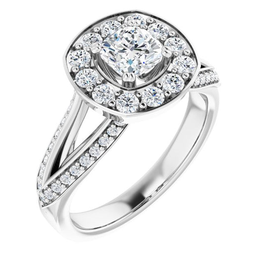 10K White Gold Customizable Cushion Cut Center with Large-Accented Halo and Split Shared Prong Band