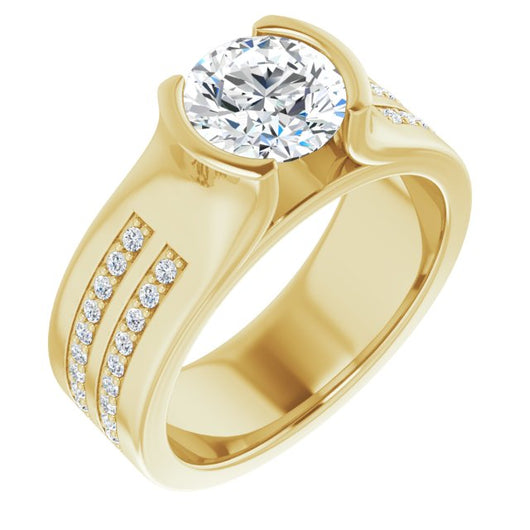 10K Yellow Gold Customizable Bezel-set Round Cut Design with Thick Band featuring Double-Row Shared Prong Accents