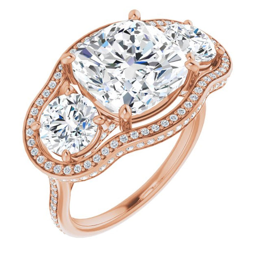 10K Rose Gold Customizable 3-stone Cushion Cut Design with Multi-Halo Enhancement and 150+-stone Pavé Band