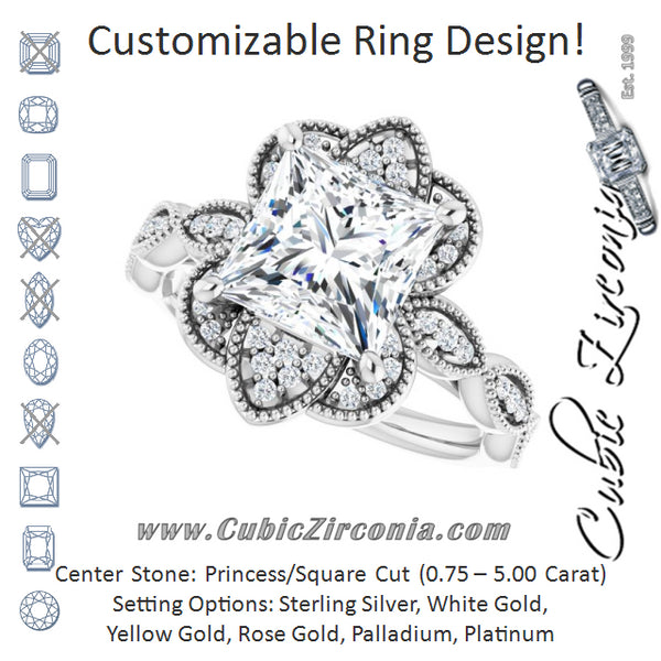 Cubic Zirconia Engagement Ring- The Huá (Customizable Cathedral-style Princess/Square Cut Design with Floral Segmented Halo & Milgrain+Accents Band)